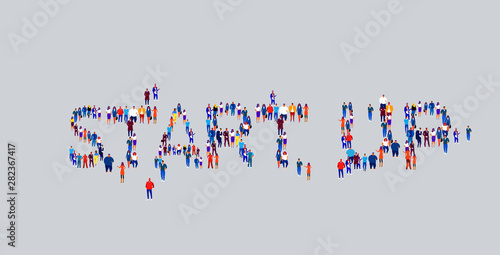 businesspeople crowd gathering in shape of start up word different business people employees group standing together social media community concept flat horizontal