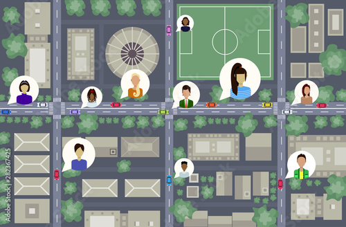 birds eye aerial view or plan of downtown modern city buildings streets and cars on road users profile avatars social network communication concept urban map cityscape top angle view flat horizontal