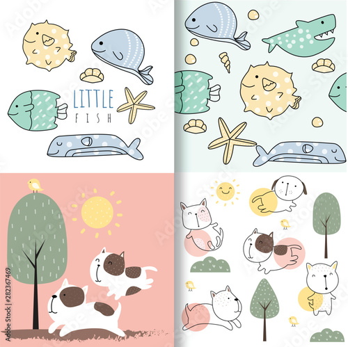 cute baby fish and dog seamless pattern,for fabrics, textiles, children's wear, wrapping paper,vector illustration