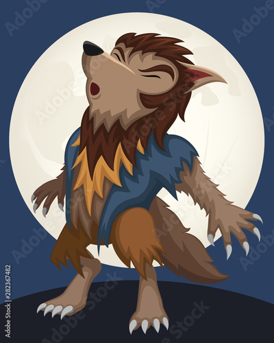 Vector illustration of a cartoon werewolf howling at the moon.