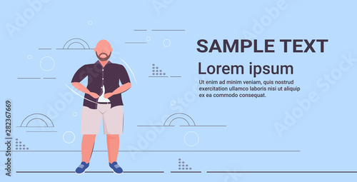 fat obese sad man buttoning shirt overweight casual guy standing pose unhealthy lifestyle obesity concept flat full length horizontal copy space