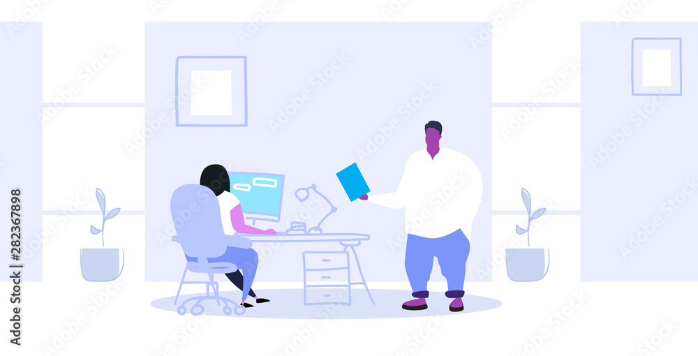 fat businessman boss giving task to secretary woman sitting workplace working at computer modern office interior successful business team concept sketch horizontal full length fat businessman boss giving task to secretary woman sitting workplace working at computer modern office interior successful business team concept sketch horizontal full length