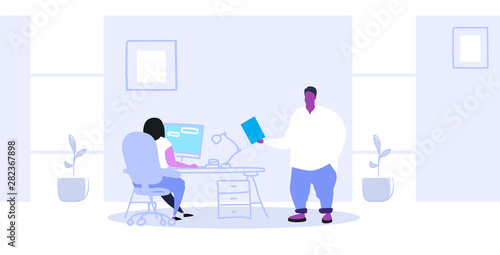 fat businessman boss giving task to secretary woman sitting workplace working at computer modern office interior successful business team concept sketch horizontal full length