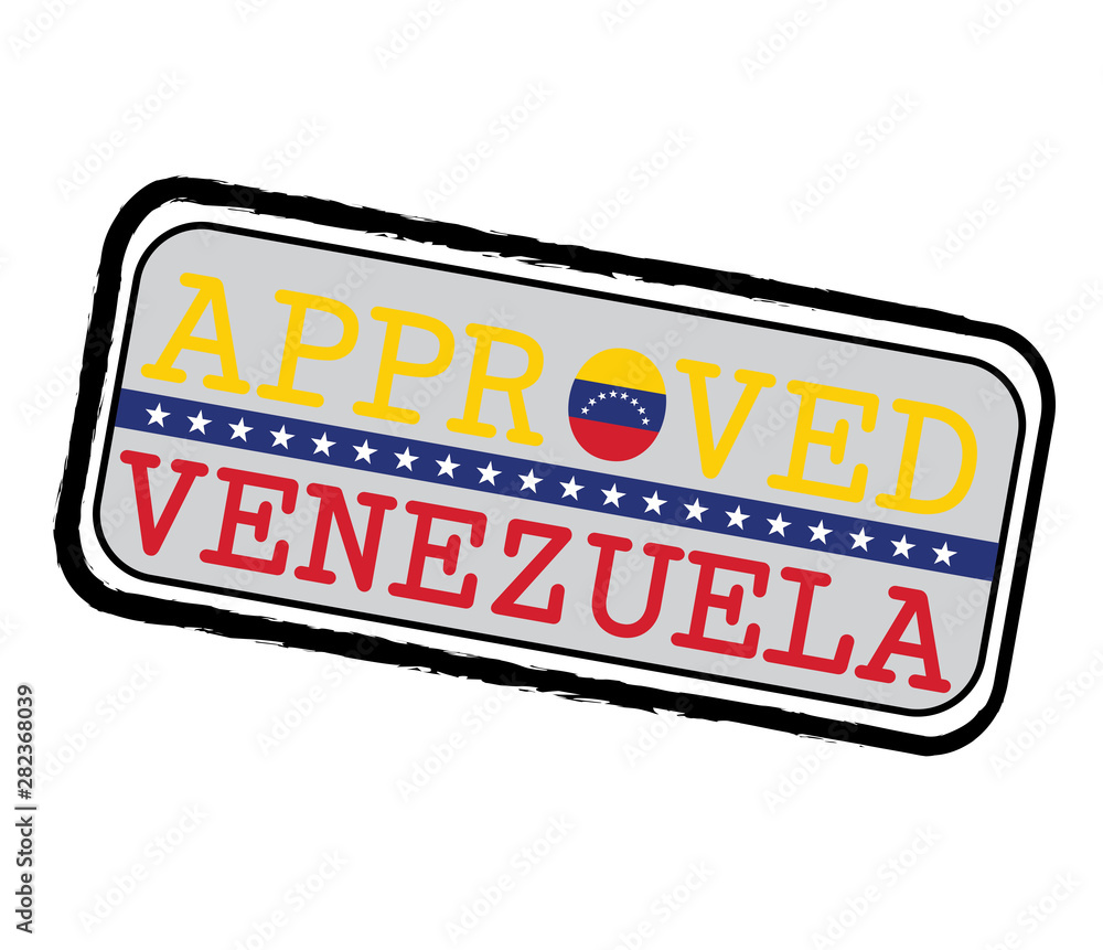 Vector Stamp of Approved logo with Venezuelan Flag in the shape of O and text Venezuela.