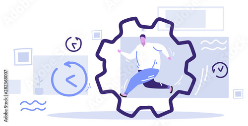 Fat obese man running in cog wheel