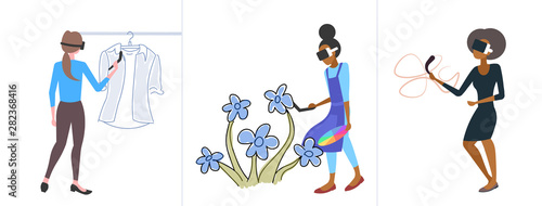 set women wearing 3d glasses holding controller mix race girls experiencing virtual reality headset online augmented digital technology concepts collection flat full length horizontal