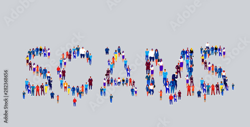 businesspeople crowd gathering in shape of scams word different business people employees group standing together social media community concept flat horizontal