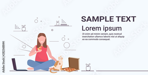 fat obese woman sitting on floor with cat overweight girl eating pizza using laptop unhealthy nutrition obesity concept flat full length horizontal copy space