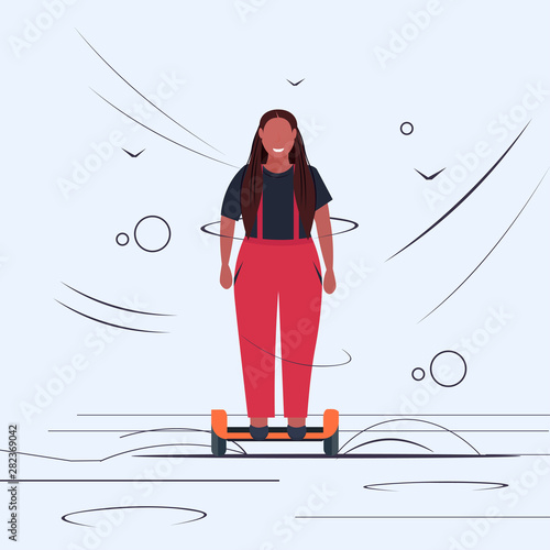 fat obese woman riding self balancing scooter african american girl standing on electric gyroscooter personal electrical transport unhealthy lifestyle concept flat full length