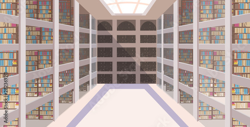 modern library corridor hall interior empty no people bookstore with bookshelves flat horizontal