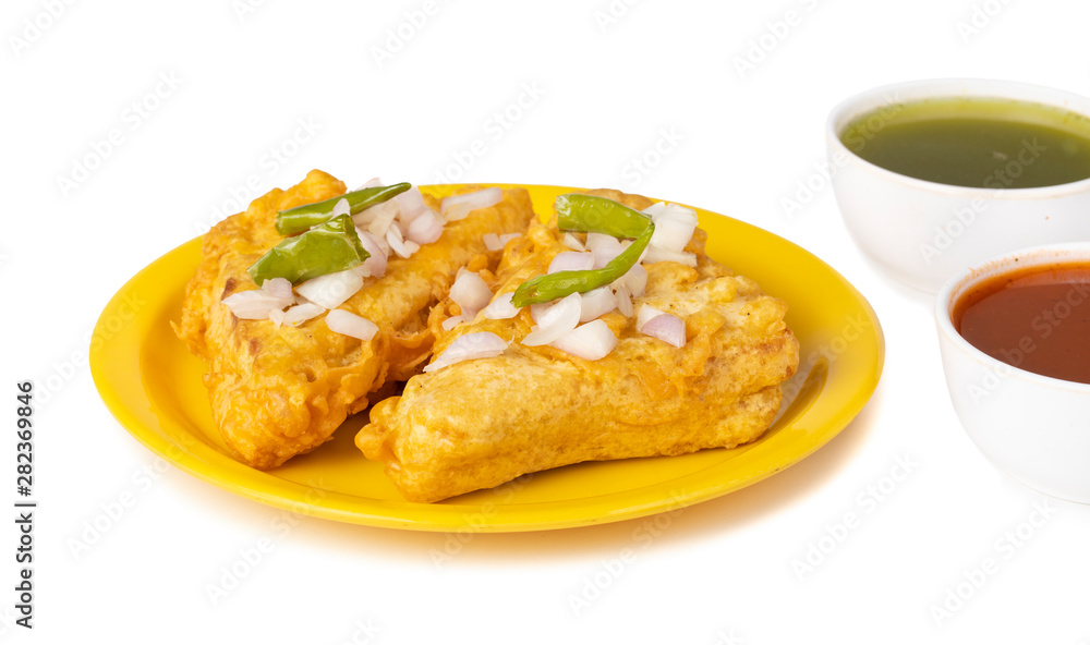Indian Fried Snack Bread Pakora. It is also known as bread bhaji. A common street food, it is made from bread slices, gram flour, and spices among other ingredients