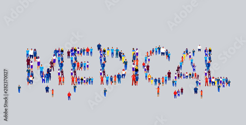 businesspeople crowd gathering in shape of medical word different business people employees group standing together social media community concept flat horizontal