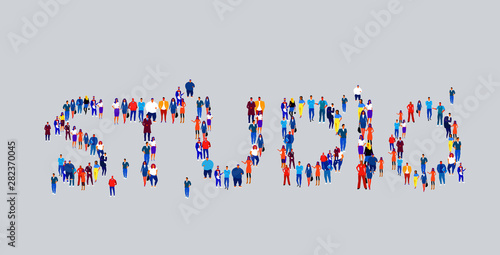 businesspeople crowd gathering in shape of studio word different business people employees group standing together social media community concept flat horizontal