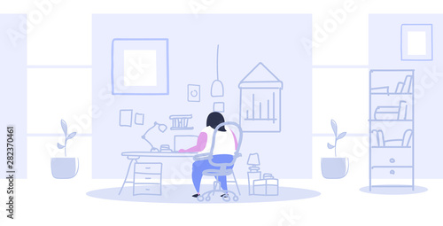 fat obese businesswoman sitting at workplace desk overweight woman using laptop working process concept modern office interior sketch rear view full length horizontal
