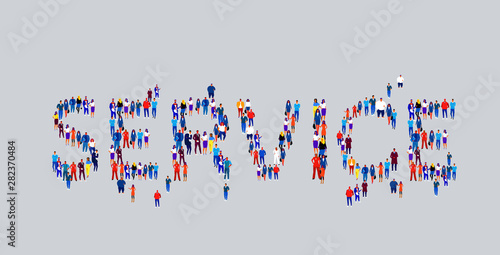 businesspeople crowd gathering in shape of service word different business people employees group standing together social media community concept flat horizontal