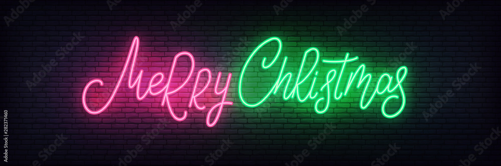 Merry Christmas neon design. Merry Xmas glowing neon lettering template Merry Christmas neon design. Merry Xmas glowing neon lettering template