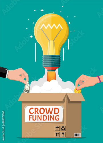 Cardboard box, bulb rocket and hands with money. Funding project by raising monetary contributions from people. Crowdfunding concept, startup or new business model. Vector illustration in flat style