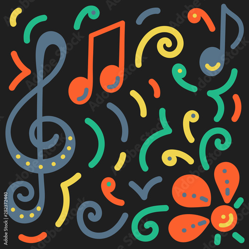 Doodle style, bright colored notes, violin key, flowers. Template design poster, packaging