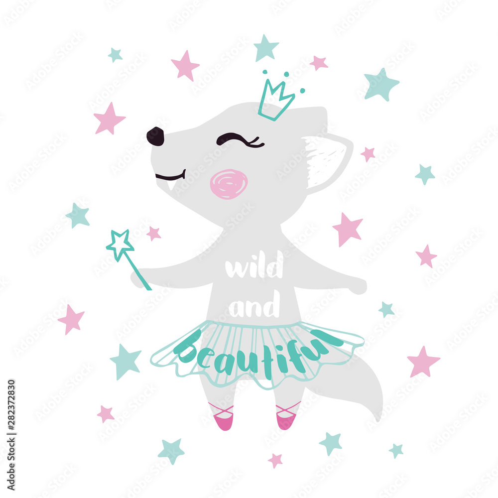 Wolf baby girl cute print. Sweet wolf ballerina dancing with magic wand, ballet tutu, pointe shoes. Wild and beautiful slogan.