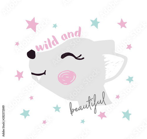 Wolf baby girl face cute print. Sweet she-wolf head with wild and beautiful slogan. Star background.