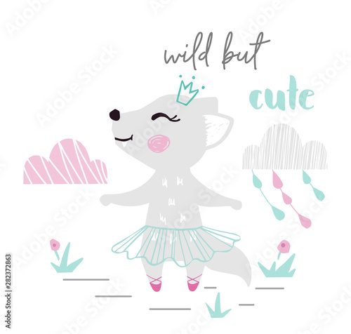 Wolf baby girl cute print. Sweet she-wolf ballerina dance with ballet tutu, pointe and wild but cute slogan