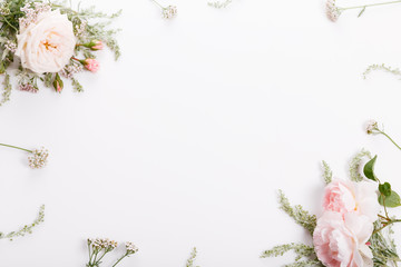 Festive flower composition on the white background. Overhead view