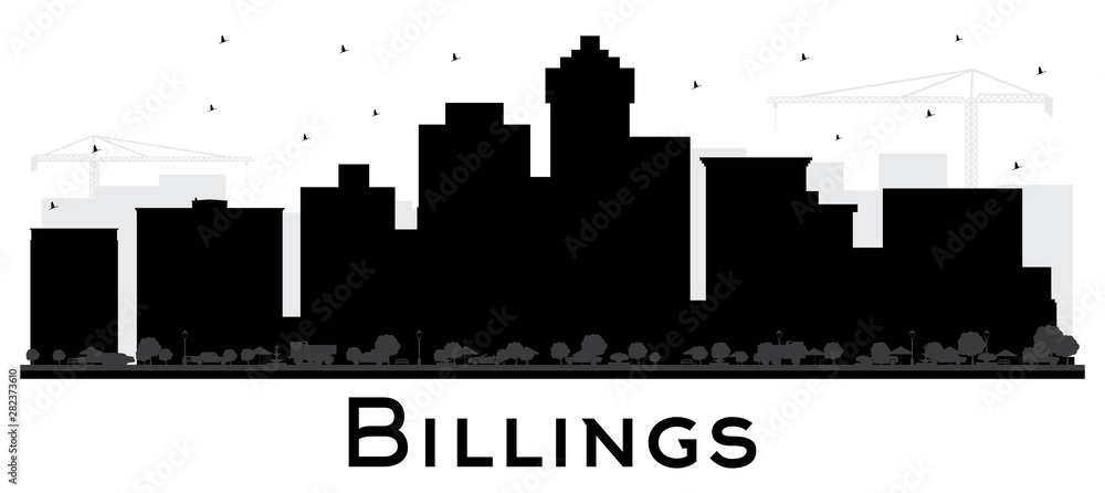 Billings Montana City Skyline Silhouette with Black Buildings Isolated on White.