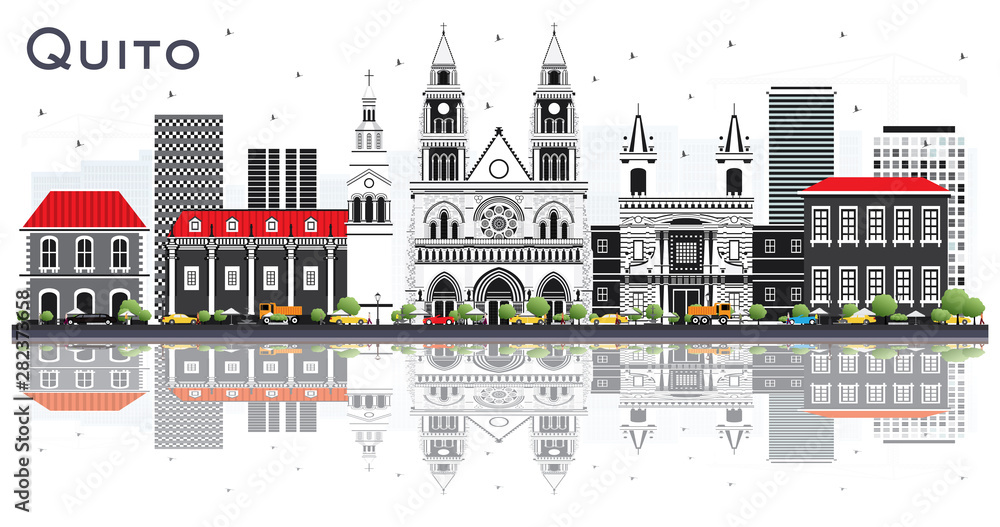 Quito Ecuador City Skyline with Gray Buildings and Reflections Isolated on White.