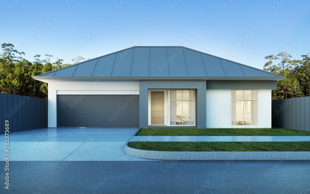 View of modern house in Australian style on pine forest and blue sky background,small building with metal sheet roof design. 3D rendering.