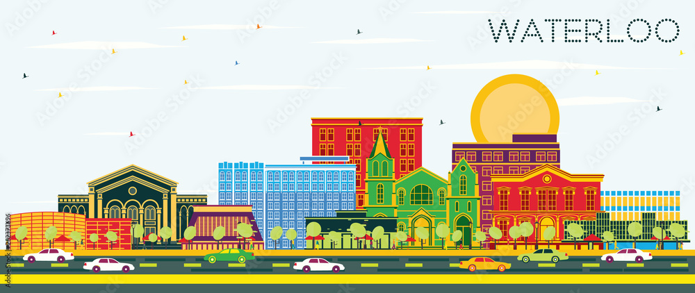 Waterloo Iowa Skyline with Color Buildings and Blue Sky. Waterloo Iowa Skyline with Color Buildings and Blue Sky.