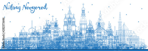 Outline Nizhny Novgorod Russia City Skyline with Blue Buildings.