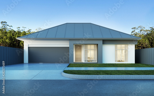 View of modern house in Australian style on pine forest and blue sky background,small building with metal sheet roof design. 3D rendering. © nuchao