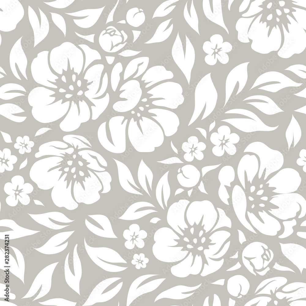 Seamless vector floral wallpaper. Decorative vintage pattern in classic  style with flowers and twigs. Two tone ornament with white peony silhouette  on gray background Stock Vector | Adobe Stock