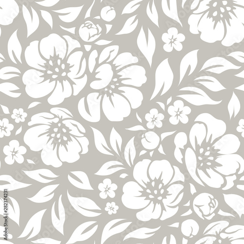 Seamless vector floral wallpaper. Decorative vintage pattern in classic style with flowers and twigs. Two tone ornament with white peony silhouette on gray background