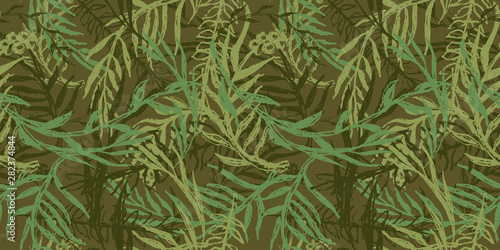 Hand drawn camo with leaf, seamless pattern. Grunge branches and herbs green camouflage background. Distressed texture wallpaper. Fabric design. Ink vector 