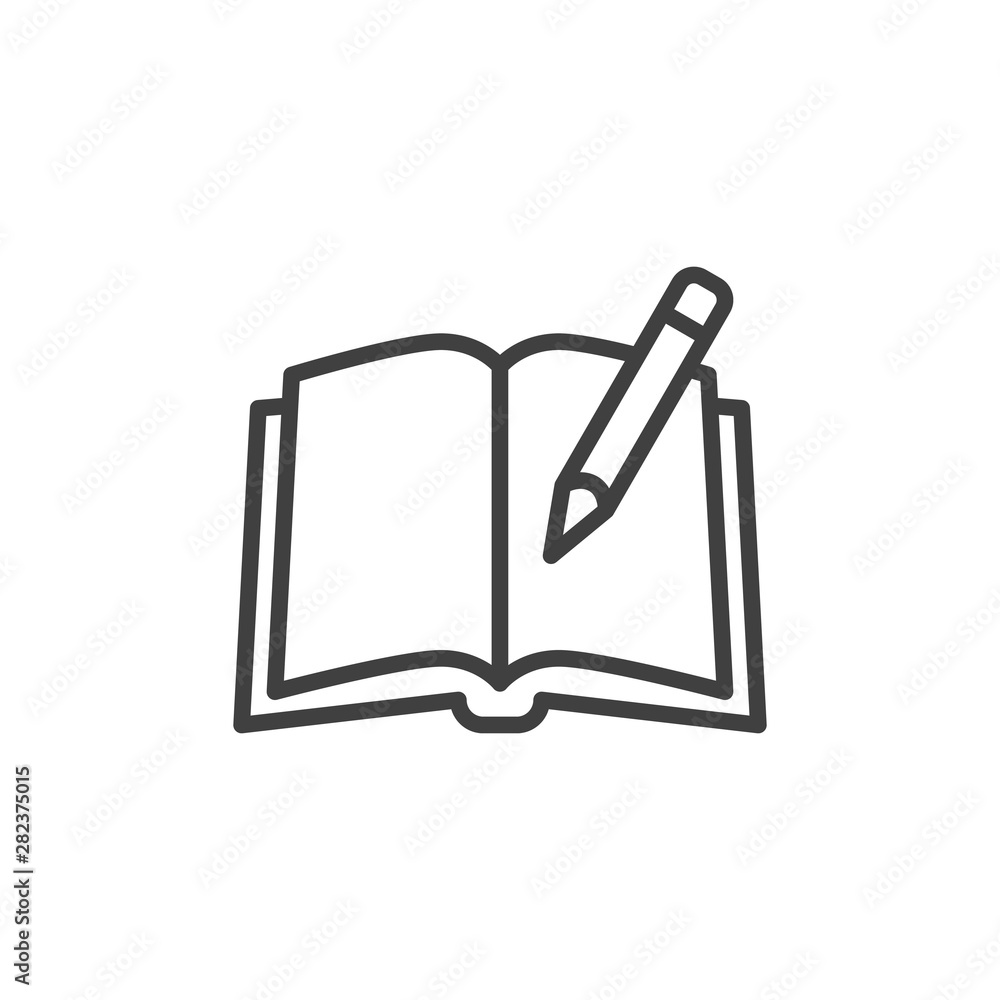 Notebook with pencil line icon. Notebook linear style sign for mobile concept and web design. Textbook and pen outline vector icon. Symbol, logo illustration. Vector graphics Notebook with pencil line icon. Notebook linear style sign for mobile concept and web design. Textbook and pen outline vector icon. Symbol, logo illustration. Vector graphics