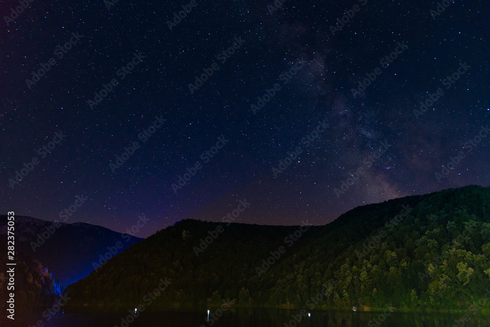 landscape in the Danube Gorges. Cazanele Mari seen from the Romanian side. Night View. 