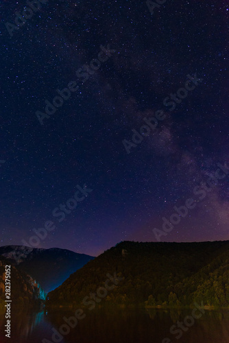 landscape in the Danube Gorges. Cazanele Mari seen from the Romanian side. Night View.