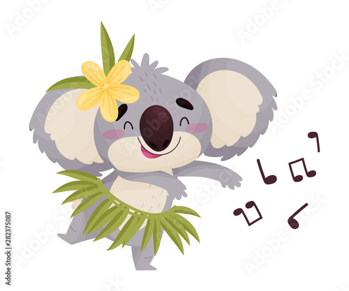 Cartoon cute humanized koala dancing. Vector illustration on white background.