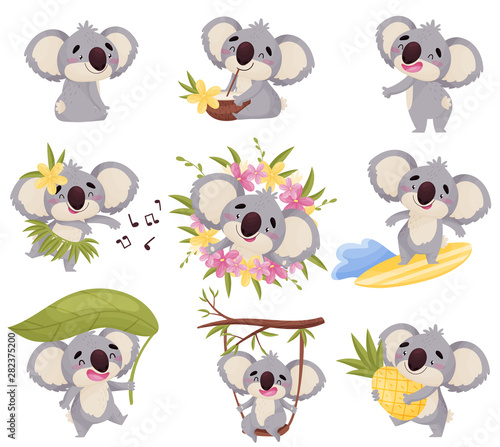 Cartoon koala in different situations. Vector illustration on white background.