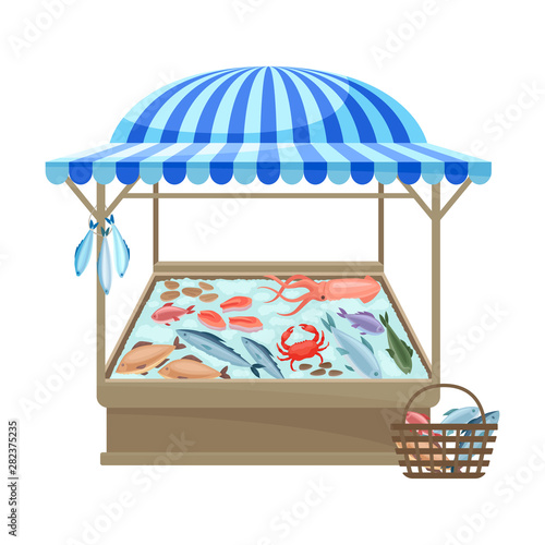 Counter for the sale of fish and seafood. Vector illustration on white background.