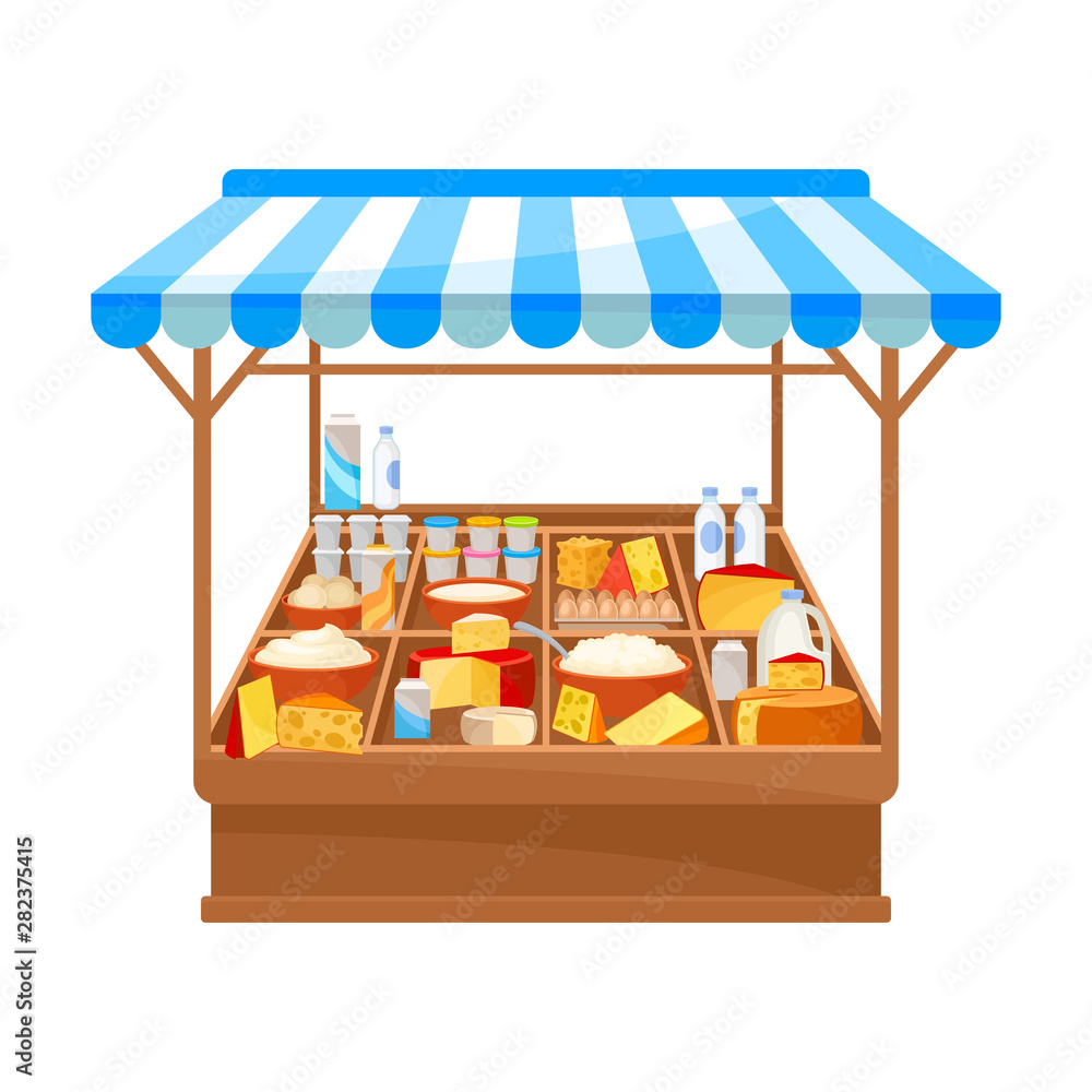 Obraz premium Market pavilion for the sale of dairy products. Vector illustration on white background.