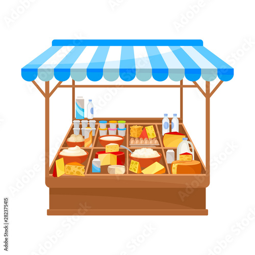 Market pavilion for the sale of dairy products. Vector illustration on white background.