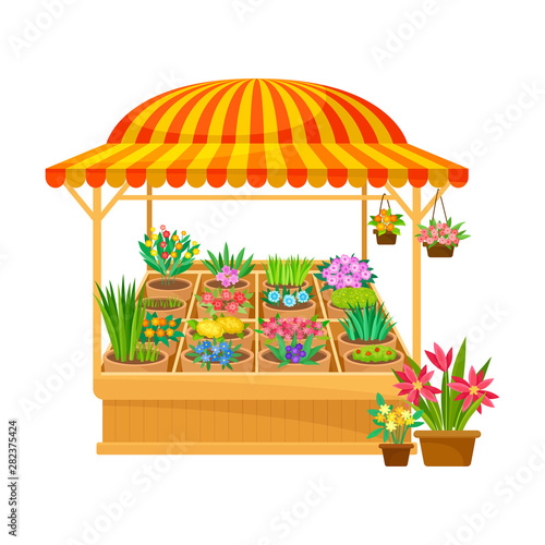 Market Pavilion selling indoor flowers. Vector illustration on background.