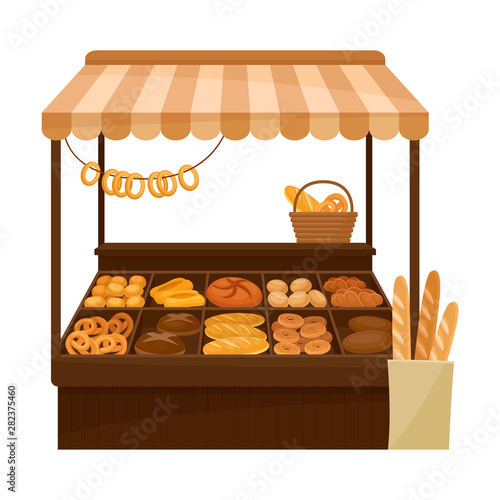 Market tent for the sale of bakery products. Vector illustration on white background.
