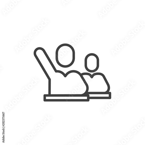 Pupils sitting at the desk line icon. linear style sign for mobile concept and web design. Pupils with raised hands outline vector icon. Symbol, logo illustration. Vector graphics