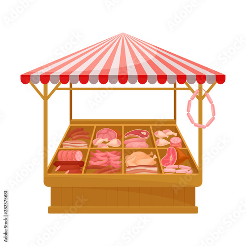 Market tent for the sale of meat products. Vector illustration on white background.