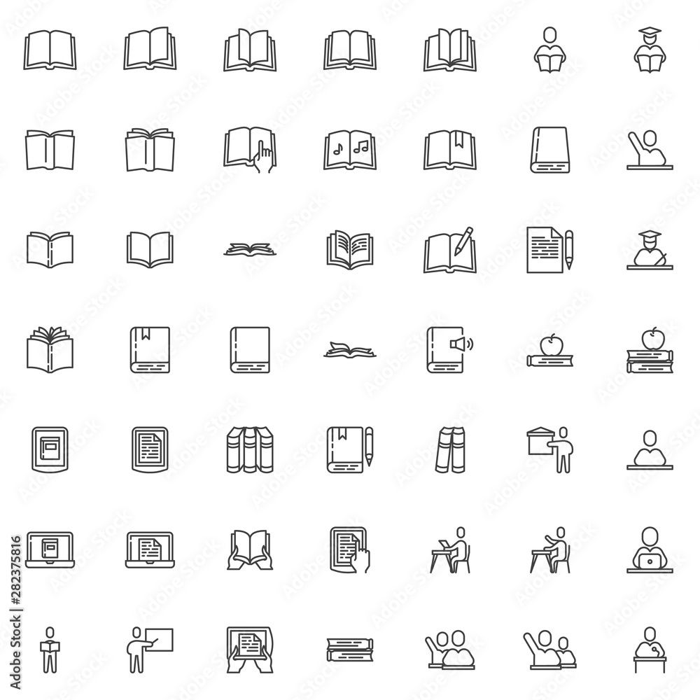 Books and education line icons set. linear style symbols collection outline signs pack. vector graphics. Set includes icons as pupils, student, teacher, ebook reader device, open book pages, knowledge Books and education line icons set. linear style symbols collection outline signs pack. vector graphics. Set includes icons as pupils, student, teacher, ebook reader device, open book pages, knowledge