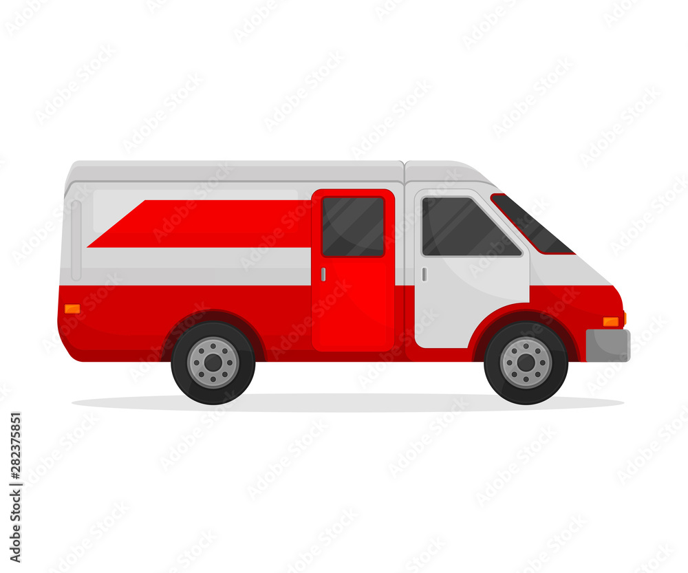 Medical red and white minibus. Vector illustration on white background.