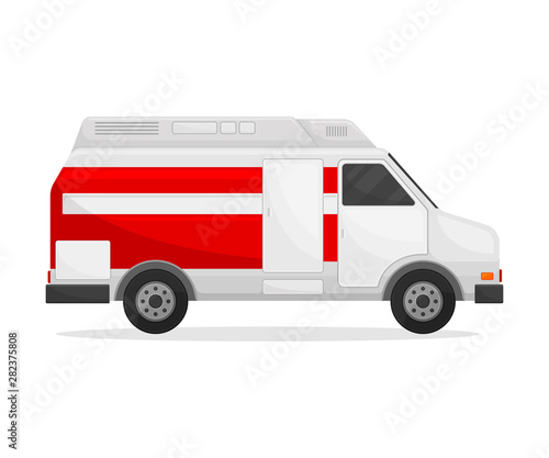 Medical white minibus with a red body. Vector illustration on white background.